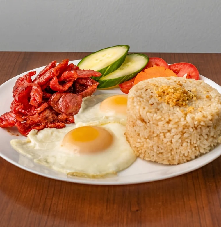 Tocilog, sweet tocino with garlic fried rice and eggs at Sagana Foods, Filipino restaurant in Calgary, AB